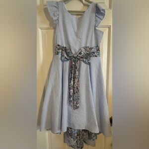 Rare Editions Blue Striped Dress with Floral Bow